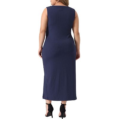 Plus Size Bodycon Dress For Women Elegant Knit Slit Tank Midi Ruched  Sleeveless Summer Dresses