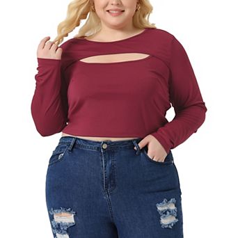 Plus Size Tops For Women Long Sleeve Round Neck Cut Out Front Fitted T-shirts