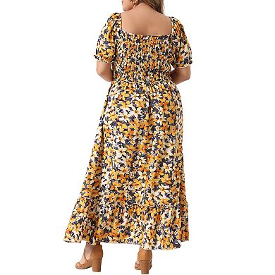 Plus Size Dress For Women Floral Short Sleeve Shirred Square Neck Maxi Floral Dress