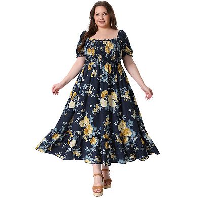 Plus Size Dress for Women Floral Short Sleeve Shirred Square Neck Maxi Floral Dress