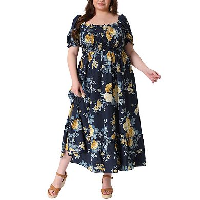Plus Size Dress for Women Floral Short Sleeve Shirred Square Neck Maxi Floral Dress