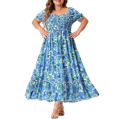 Plus Size Dress For Women Floral Short Sleeve Shirred Square Neck Maxi Floral Dress