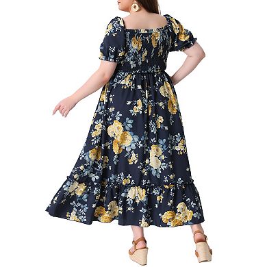 Plus Size Dress for Women Floral Short Sleeve Shirred Square Neck Maxi Floral Dress
