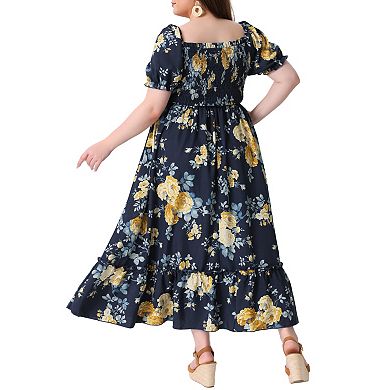 Plus Size Dress For Women Floral Short Sleeve Shirred Square Neck Maxi Floral Dress