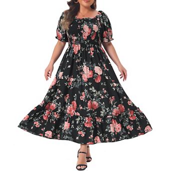 Plus Size Dress For Women Floral Short Sleeve Shirred Square Neck Maxi Floral Dress