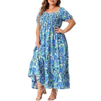 Plus Size Dress For Women Floral Short Sleeve Shirred Square Neck Maxi Floral Dress