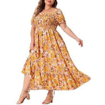 Plus Size Dress For Women Floral Short Sleeve Shirred Square Neck Maxi Floral Dress