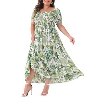 Plus Size Dress for Women Floral Short Sleeve Shirred Square Neck Maxi Floral Dress