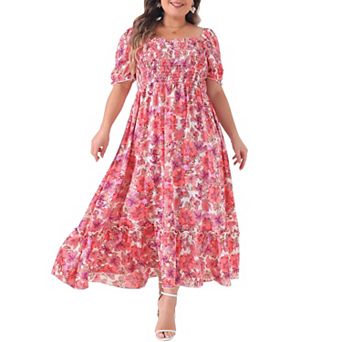 Plus Size Dress For Women Floral Short Sleeve Shirred Square Neck Maxi Floral Dress