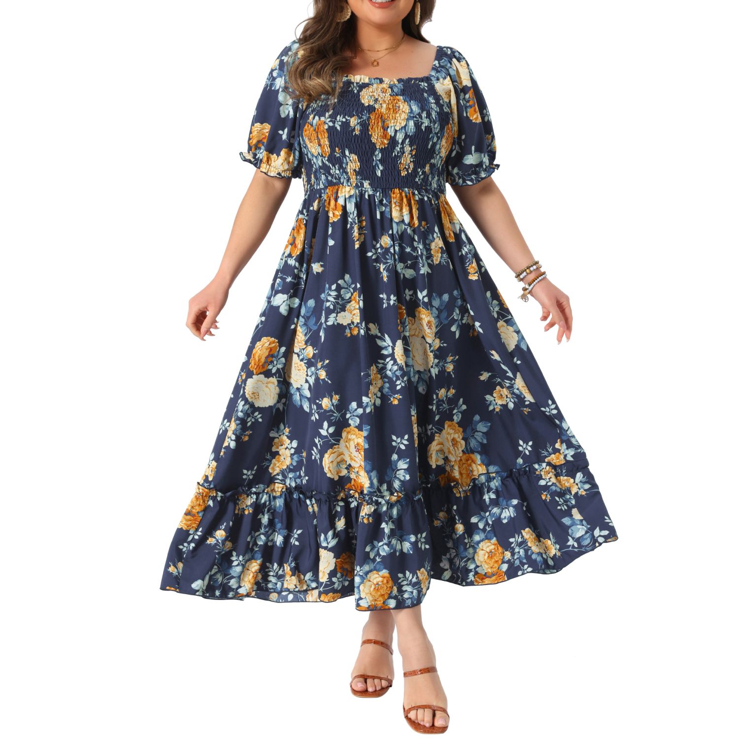 Женские платья Plus Size Dress For Women Floral Short Sleeve Shirred Square Neck Maxi Floral Dress