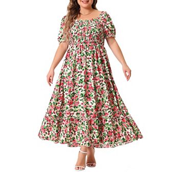 Plus Size Dress For Women Floral Short Sleeve Shirred Square Neck Maxi Floral Dress