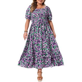 Plus Size Dress For Women Floral Short Sleeve Shirred Square Neck Maxi Floral Dress