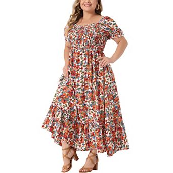 Plus Size Dress For Women Floral Short Sleeve Shirred Square Neck Maxi Floral Dress
