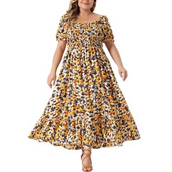 Plus Size Dress For Women Floral Short Sleeve Shirred Square Neck Maxi Floral Dress