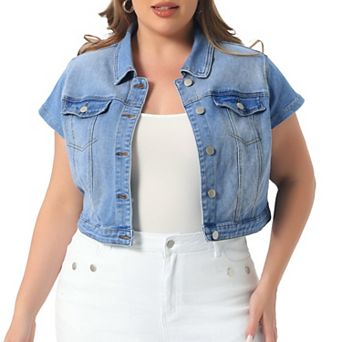 Plus Size Denim Vest Tops for Women Y2K Button Down Short Sleeve Streetwear Jean Jacket