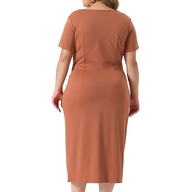 Plus Size Dress For Women Round Neck Knot Front Short Sleeve Side Split Dresses