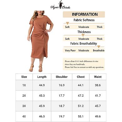 Plus Size Dress For Women Round Neck Knot Front Short Sleeve Side Split Dresses