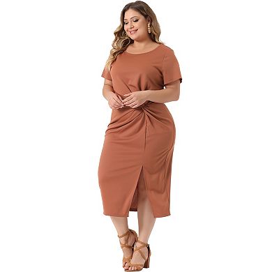 Plus Size Dress For Women Round Neck Knot Front Short Sleeve Side Split Dresses