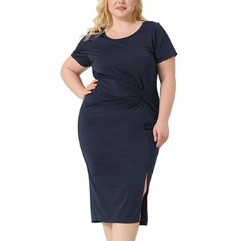 Plus Size Dress For Women Round Neck Knot Front Short Sleeve Side Split Dresses