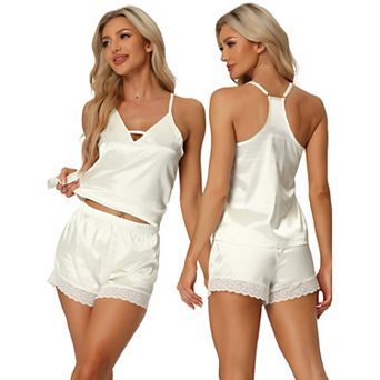 Women's Satin Lingerie Lace Trim Cami Tops With Shorts V-neck Sleepwear Pajamas Sets
