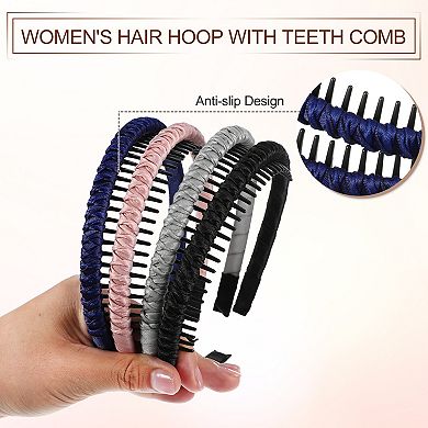 4 Pcs Teeth Comb Headband Tooth Comb Hair Hoop Pink Black Deep Blue Gray