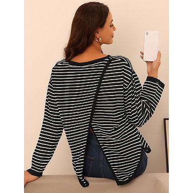 Women's Long Sleeve Back Split Striped Knit Pullover Knit Blouse Curved Hem Fashion Jumper Tops
