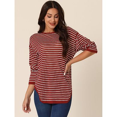 Women's Long Sleeve Back Split Striped Knit Pullover Knit Blouse Curved Hem Fashion Jumper Tops