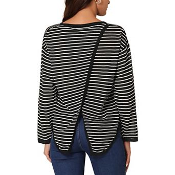 Women's Long Sleeve Back Split Striped Knit Pullover Knit Blouse Curved Hem Fashion Jumper Tops