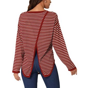 Women's Long Sleeve Back Split Striped Knit Pullover Knit Blouse Curved Hem Fashion Jumper Tops