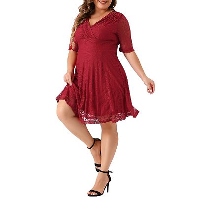 Plus Size Lace Wedding Guest Dresses for Women V Neck Swing A-Line Cocktail  Midi Dress