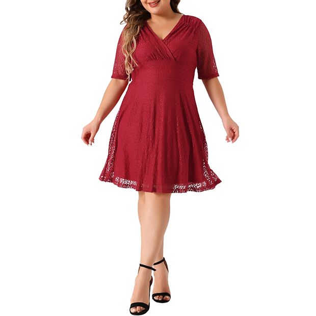 Plus Size Lace Wedding Guest Dresses for Women V Neck Swing A-Line Cocktail  Midi Dress