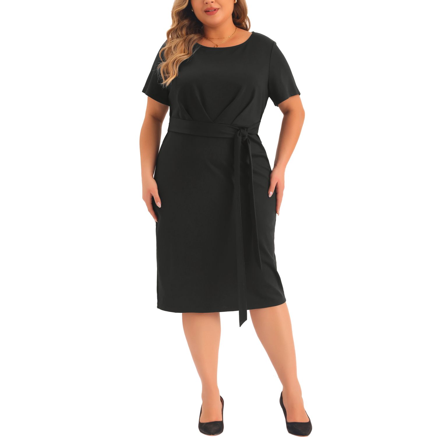 Женские платья Plus Size Dress For Women Round Neck Short Sleeve Belted Knot Tie Midi Dresses