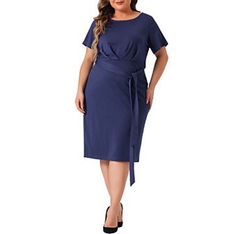 Plus Size Dress For Women Round Neck Short Sleeve Belted Knot Tie Midi Dresses