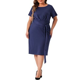 Plus Size Dress For Women Round Neck Short Sleeve Belted Knot Tie Midi Dresses
