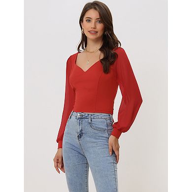 Women's Tie Back Tops Long Sleeve Banded Cuff Sweetheart Neck Blouse Top