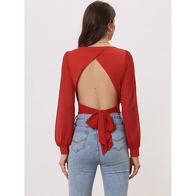 Women's Tie Back Tops Long Sleeve Banded Cuff Sweetheart Neck Blouse Top