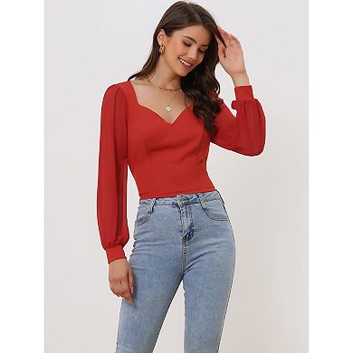 Women's Tie Back Tops Long Sleeve Banded Cuff Sweetheart Neck Blouse Top