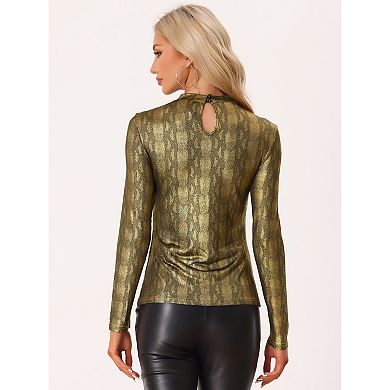 Glitter Party Top For Women's Mock Neck Long Sleeve Cutout T-shirt