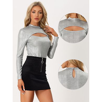 Glitter Party Top For Women's Mock Neck Long Sleeve Cutout T-shirt