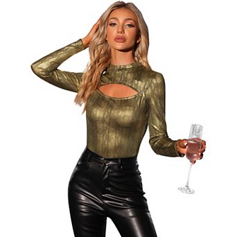 Glitter Party Top For Women's Mock Neck Long Sleeve Cutout T-shirt
