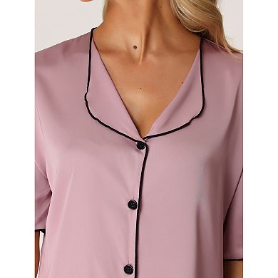 Women's Nightshirt Satin Short Sleeve Sleepshirt Button Down Pajama Nightgown