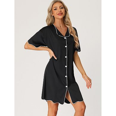 Women's Nightshirt Satin Short Sleeve Sleepshirt Button Down Pajama Nightgown