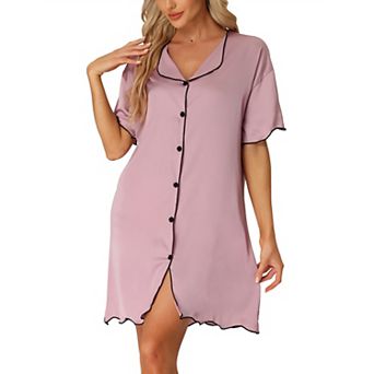Women's Nightshirt Satin Short Sleeve Sleepshirt Button Down Pajama Nightgown