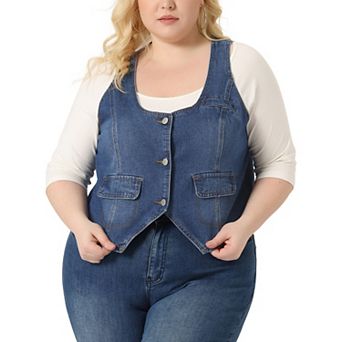 Plus Size Denim Jackets For Women Sleeveless Lightweight Button Jean Crop Waistcoat Vests