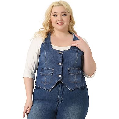 Plus Size Denim Jackets For Women Sleeveless Lightweight Button Jean Crop Waistcoat Vests