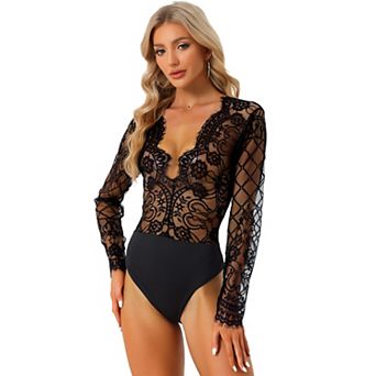 Women's Deep V Neck Lace Clubwear Top Sheer Long Sleeve Bodysuit