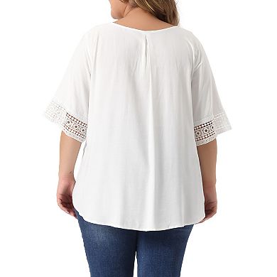 Women's Plus Size Lace Crochet Short Sleeve Shirts Casual Side Split Blouses Tops