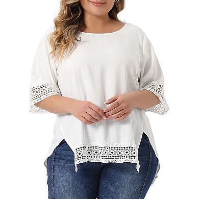 Women's Plus Size Lace Crochet Short Sleeve Shirts Casual Side Split Blouses Tops