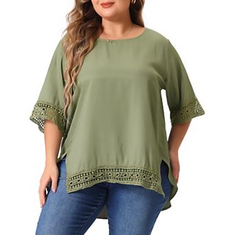 Women's Plus Size Lace Crochet Short Sleeve Shirts Casual Side Split Blouses Tops