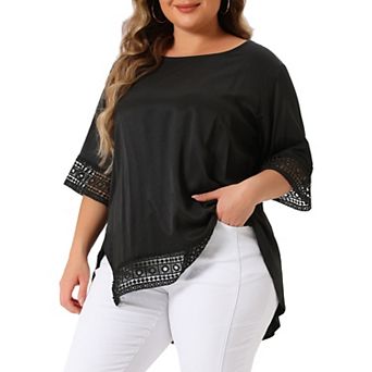 Women's Plus Size Lace Crochet Short Sleeve Shirts Casual Side Split Blouses Tops